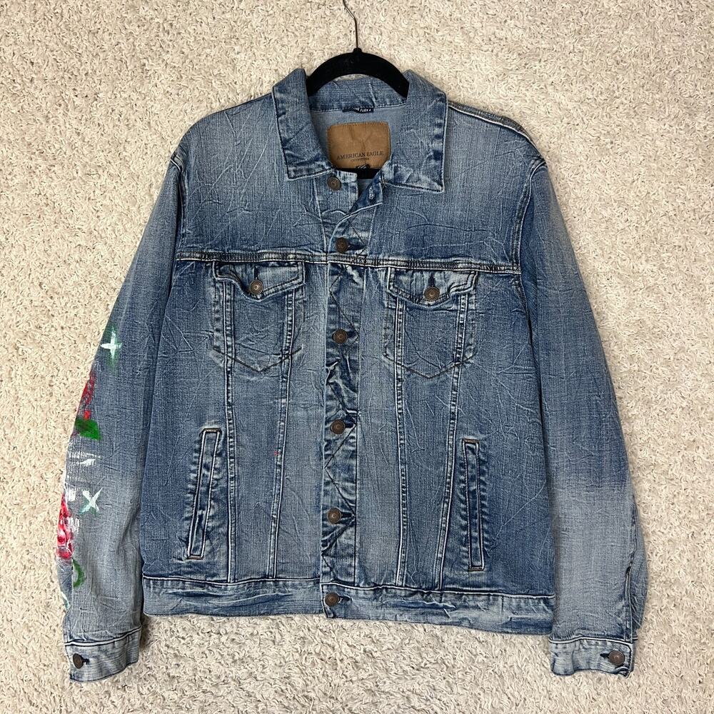 American Eagle Hand Painted Denim Jacket Mens XL Blue Skull Roses Grunge Street - Picture 2 of 12